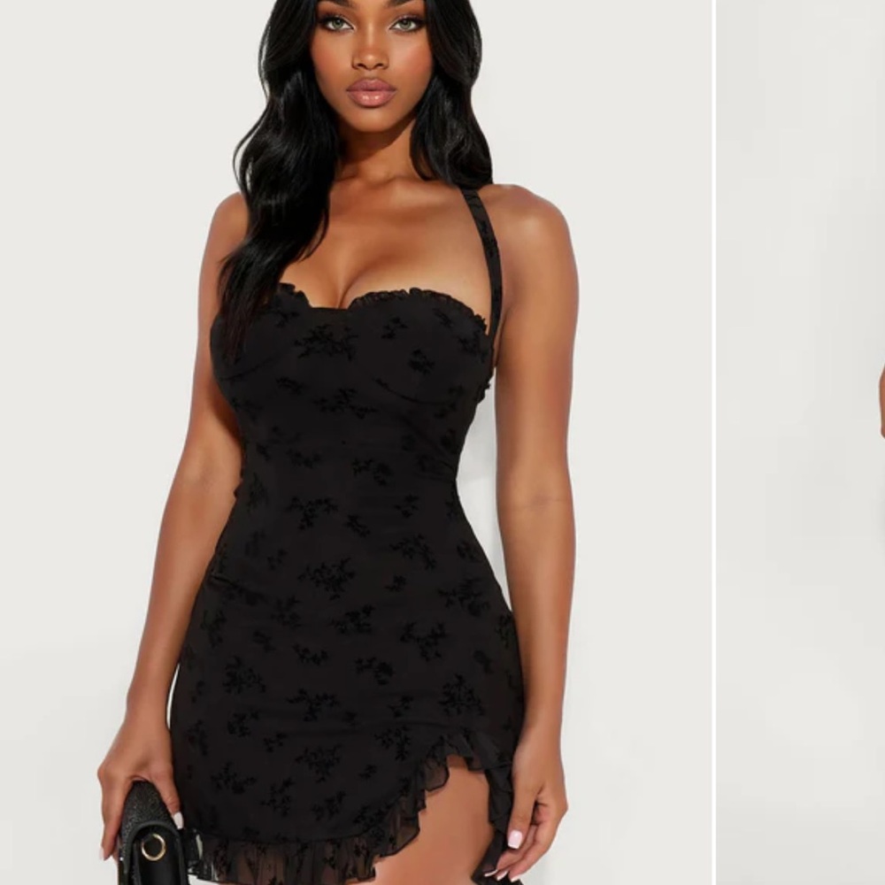 Fashionnova tall julia flocked mini dress Elegant Black Halter Dress